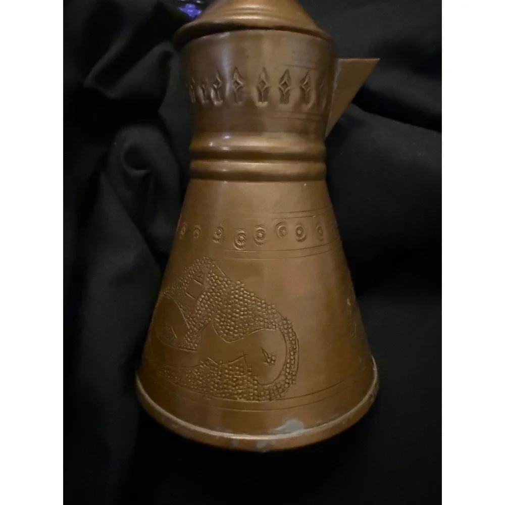 Aktoussi Bros Vintage Copper Dallah Coffee Pot Etched Made in Lebanon 7.5in